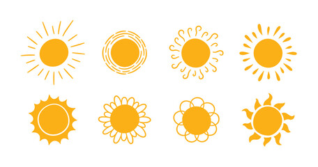 Doodle different sun icons set. Scribble yellow sun with rays symbols. Doodle children drawings collection. Hand drawn burst. Hot weather sign. Vector illustration isolated on white background.