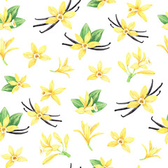 Watercolor yellow vanilla flowers, dried sticks and green leaves in seamless pattern. Background of blooming orchids. Hand drawn perfume ingredient for recipe, label, packaging design.