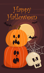 Lettering Happy Halloween pumpkin bats cobweb skull against the background of the full moon