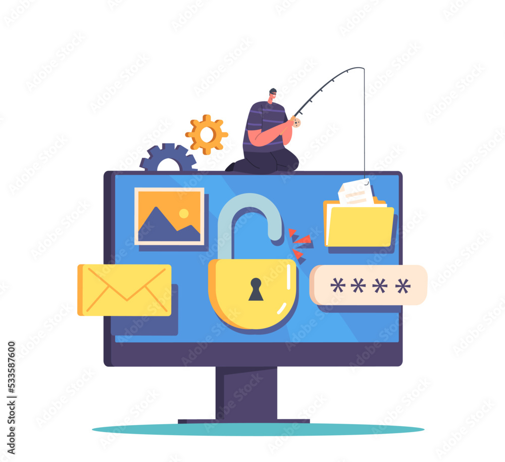 Poster tiny hacker male character sitting on huge computer with rod phishing and hacking files, personal da