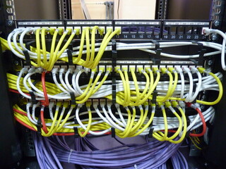 The front of the UTP LAN cable with sticker label connected line arrangement to Ethernet Switch...