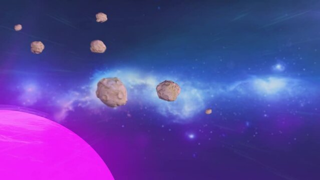 3D render animation of Mars, starry sky, milky way, nebula and flying asteroids with craters. Computer graphics of giant red planet in blue hyperspace of universe. Pink planet in space with meteorites