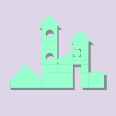 Construction of a tower or fortress made of wooden cubes, contour coloring vector isolated illustration in a flat style