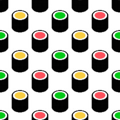 Pixel sushi seamless pattern. 8-bit sushi roll different types. Pixel art japan traditional food. Japanese cuisine. Oriental design for fabric, wallpaper, wrapping paper, packing. Vector illustration