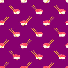 Pixel sushi seamless pattern. 8-bit sushi roll with chopsticks. Pixel art japan traditional food. Japanese cuisine. Oriental design for fabric, wallpaper, wrapping paper, packing. Vector illustration