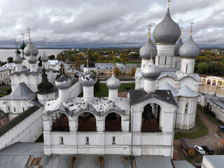panoramic view from a drone on the historical part of the city of Rostov the Great on an autumn...