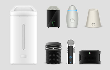 Air purifier and humidifier realistic set. Portable smart home appliance, household device
