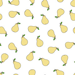 Seamless pattern with pears on a white background. A pattern with tropical fruits. Doodles.
