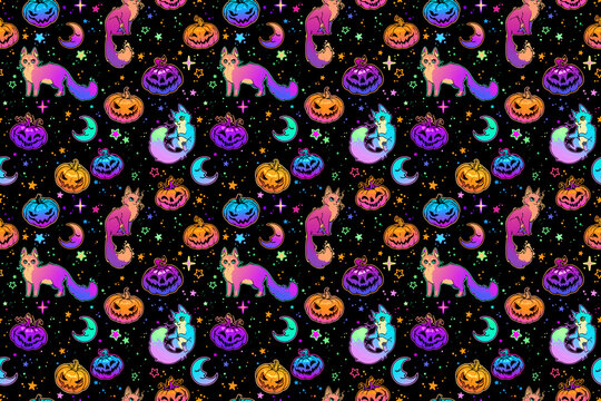 cute halloween pattern with colorful pumpkins and cats