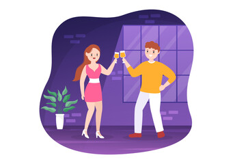 Wine Party Template Hand Drawn Cartoon Flat Illustration with People Dance, Holding a Bottle of Champagne and Drinking in Festive Event Concept