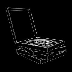 Fresh pizza in box. Wireframe vector