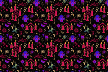 Magical pentagrams and symbols. Ritual candles and animals. Seamless pattern