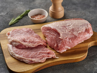 Raw Pork Loin. Pork meat and slices meat on grey background
