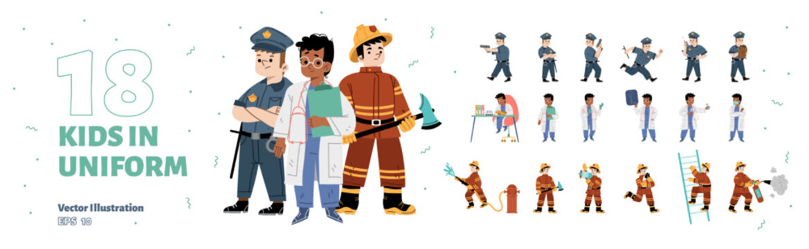 Set kids in uniform of fire fighter, police officer and doctor. Little boy fight with blaze, work in medical laboratory and serve in cop department. Child profession, Linear flat vector illustration