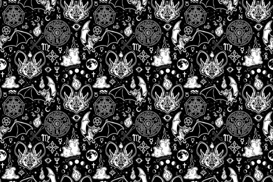 witchcraft seamless pattern with different magic witchcraft elements and animals