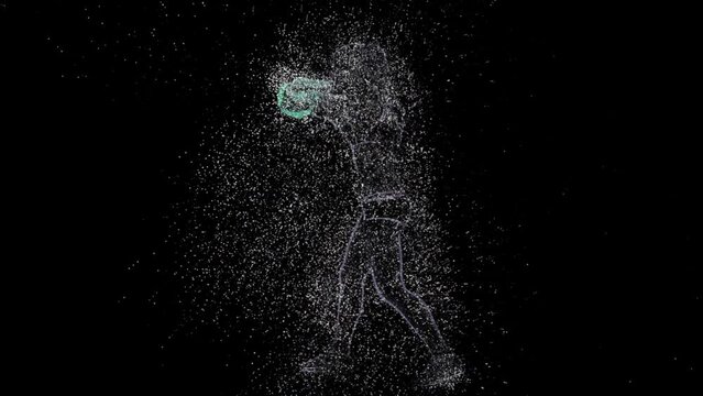 Particles in motion of silhouette female, boxing on black background. 3D rendering computer graphics of an athlete from water drops and splashes. Full length female boxer as an animation of particles.