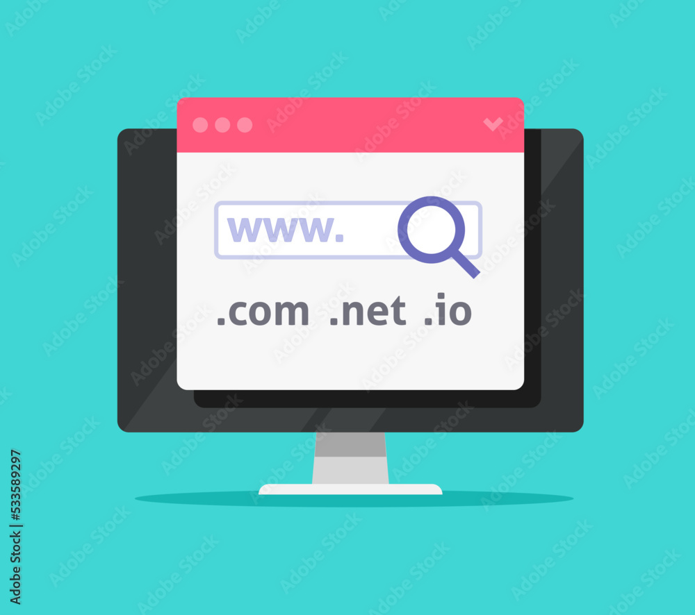 Fototapete Domain name search find icon vector or web server registration on hosting buy on computer pc internet site page flat cartoon graphic illustration image