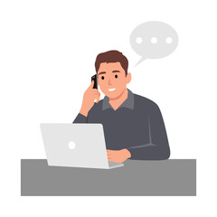 Fototapeta na wymiar Young man company director giving short brief through phone call to his team member from the office. Business talk concept. Flat vector illustration isolated on white background