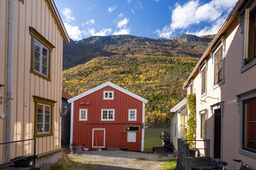 Great autumn weather in Mosjøen old gate (sjøgata) Vefsn, Helgeland, Nordland county, Europe