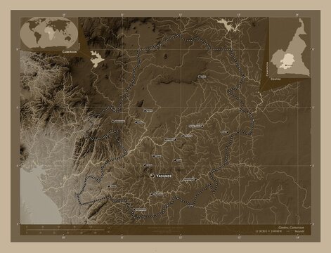 Centre, Cameroon. Sepia. Labelled points of cities