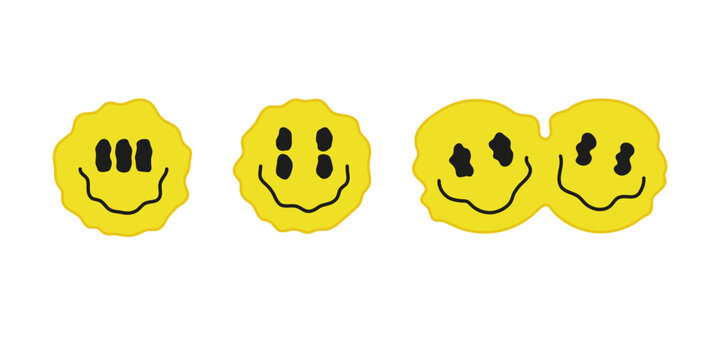 Psychedelic surreal drip melt emoji set. Liquid bifurcation face with smile. Illusion, dual creative happy sign. Vector illustration