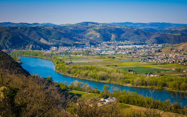 Fototapeta na wymiar view on the Rhone river Valley, the fields, the vineyards and the Ardeche mountains from the Mejeans belvedere (Drome, France)