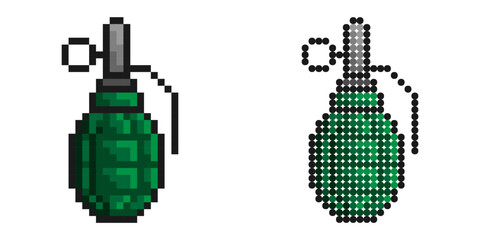 Pixel icon. Combat hand fragmentation ribbed grenade with cube. Simple retro game vector isolated on white background - obrazy, fototapety, plakaty