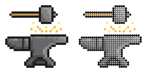 Pixel icon. Hammer hits the anvil. Blacksmith craft, production of metal products. Simple retro game vector isolated on white background