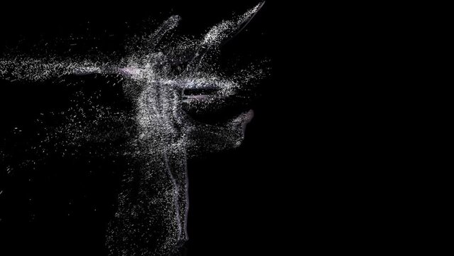 Particles in motion of silhouette female on black background. Full length woman performing tricks with colored ribbon. 3D rendering computer graphics of an gymnast from water drops and splashes.