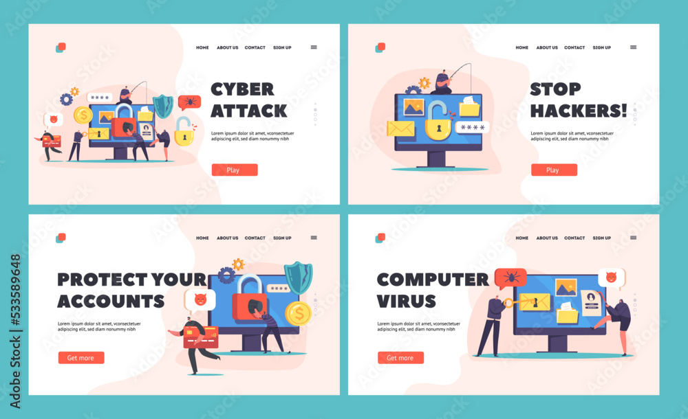 Poster cyber attack landing page template set. hacker phishing, stealing personal data in internet. online 