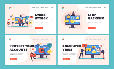 Obraz na płótnie Canvas Cyber Attack Landing Page Template Set. Hacker Phishing, Stealing Personal Data in Internet. Online Security Concept