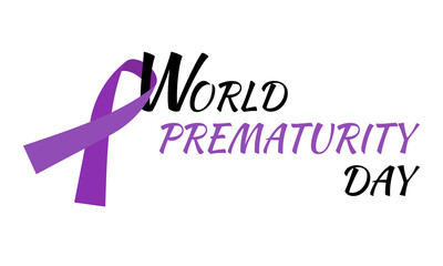 World Prematurity Day. Banner, poster with purple ribbon awareness and text. Prematurity awareness month. Medical concept isolated on white background.