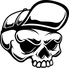 Illustration of a skull in skateboarder cap. Design element for poster, card, banner, sign. Vector illustration