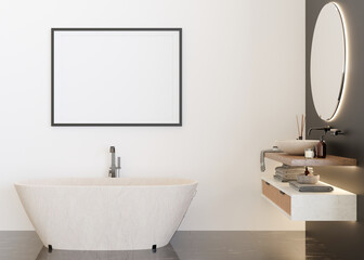 Empty horizontal picture frame on white wall in modern and luxury bathroom. Mock up interior in contemporary style. Free, copy space for your picture, poster, artwork. Bath, washbasin. 3D rendering.