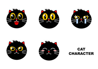 Set face cute black cat different various facial expressions feelings emotions cartoon character flat vector icon design. 