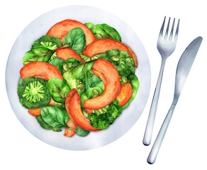 Salad with a baked pumpkin, chard and broccoli watercolor