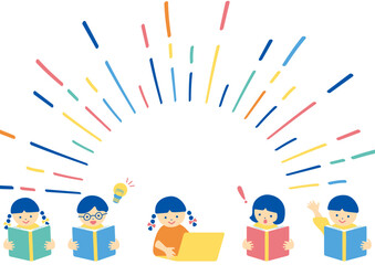 勉強に励む子供達　集中線背景