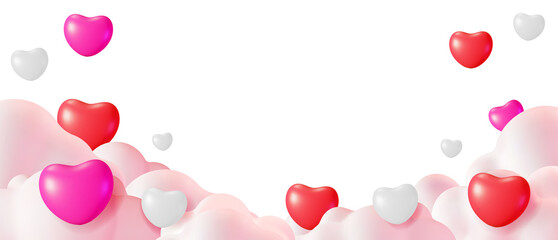 3D Fluffy Cartoon Clouds with Red and White Hearts