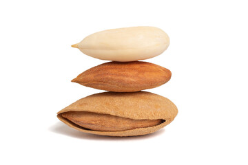 Fototapeta na wymiar Peeled and unpeeled wild almonds lie side by side. Almonds whole in shell, peeled and blanched isolated on white background.