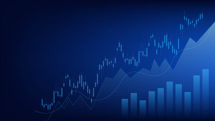 Financial business statistics with bar graph and candlestick chart show stock market price and effective earning on blue background