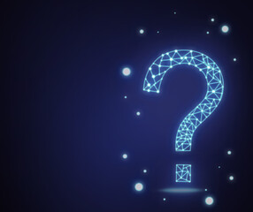 2d image of a blue question mark on a cosmic dark blue background. Polygonal, neon, technological, linear question mark. Unknown, finding answers, information, search
