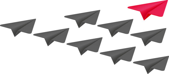 3D Red Paper Plane in Crowd of Grey Planes