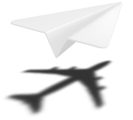 3D White Paper Plane Casting Shadow of Airplane