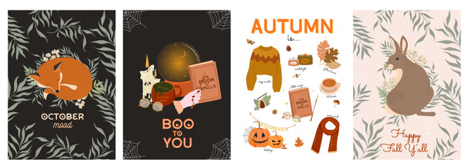 Fototapeta premium Collection of mystery autumn poster. Seasonal greeting card with forest animals, magic things, autumn plants. Editable vector illustration.