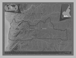 Sud, Cameroon. Grayscale. Labelled points of cities