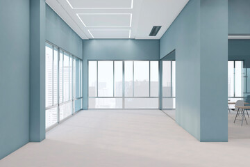 Contemporary spacious blue office interior with window and city view, furniture and daylight. Workplace and design concept. 3D Rendering.