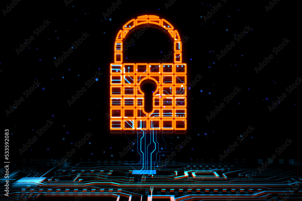 Poster Cyber security and privacy concept with digital orange padlock with keyhole inside connected to circuit inside on abstract dark background. 3D rendering