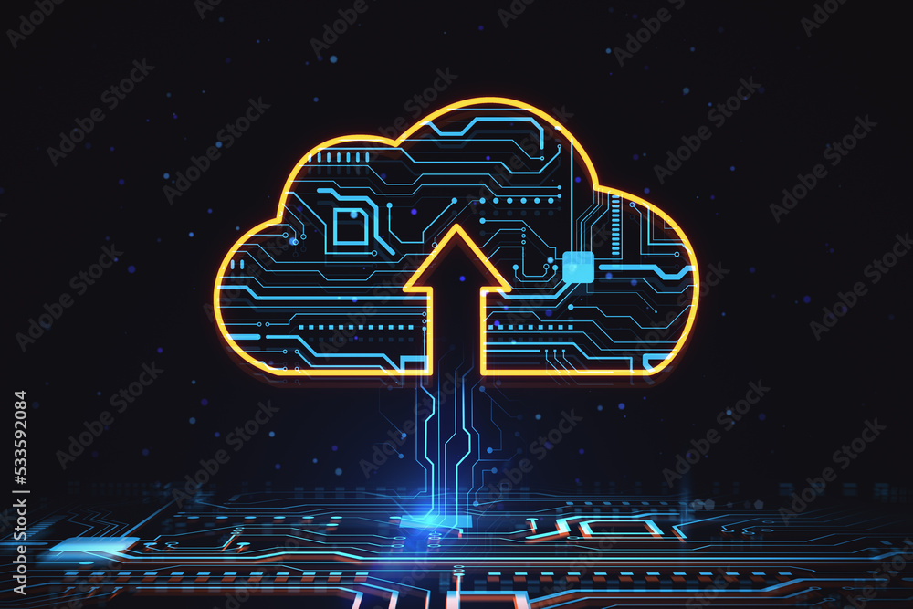 Leinwandbilder Data storage and cloud computing concept with digital yellow cloud symbol with arrow up and micro circuit inside on dark background. 3D rendering