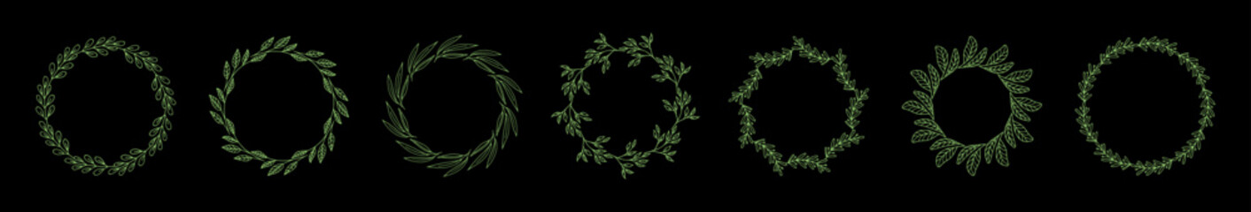 Obraz premium Floral circle hand drawn wreaths. Vector set of decorative round natural frames with leaves