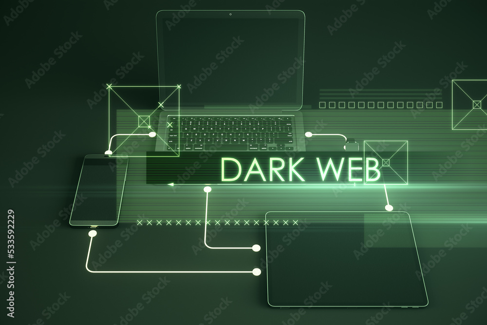 Aufkleber Abstract dark web text over devices on blurry background. Hacker and attack concept. Double exposure.